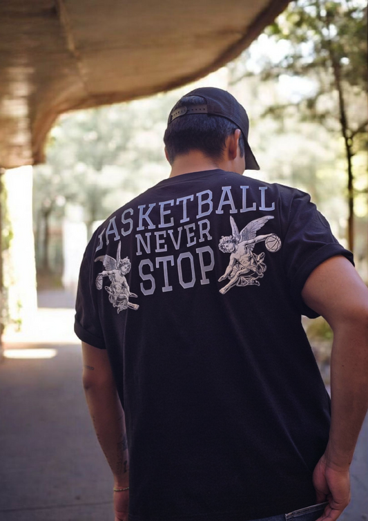 Playera Semi Oversize “Basketball Never Stop” – Drop 1 Diseño Exclusivo AlleyOop